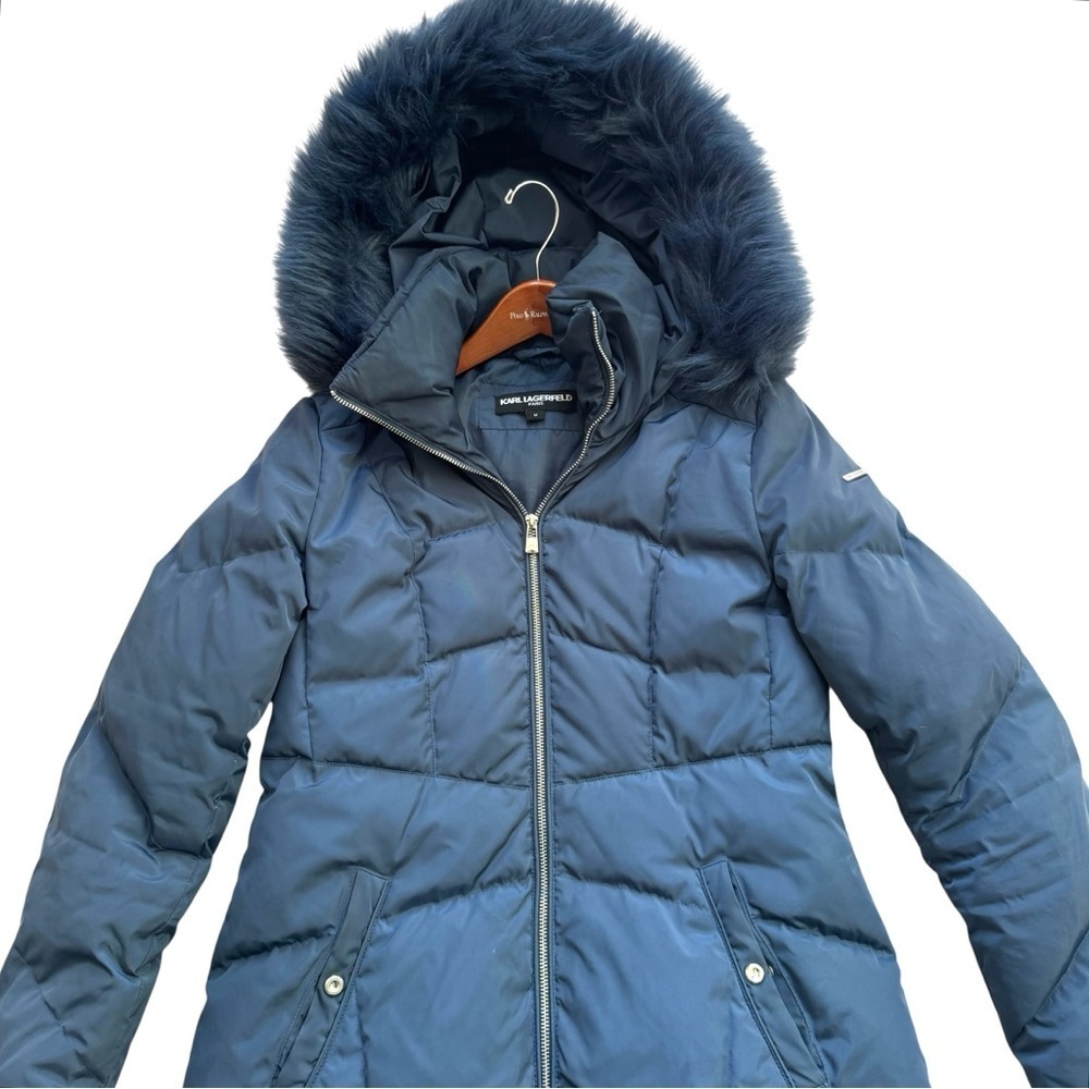 Karl Lagerfeld Faux Fur Collar Navy Blue Puffer Coat - Picture 2 of 12